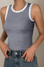 Striped Round Neck White Trim Crop Fitted Tank Top | Mixtshop LLC