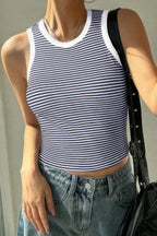Striped Round Neck White Trim Crop Fitted Tank Top | Mixtshop LLC