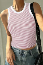 Striped Round Neck White Trim Crop Fitted Tank Top | Mixtshop LLC