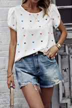 Heart Print Round Neck Loose Fit Shirt | Mixtshop LLC
