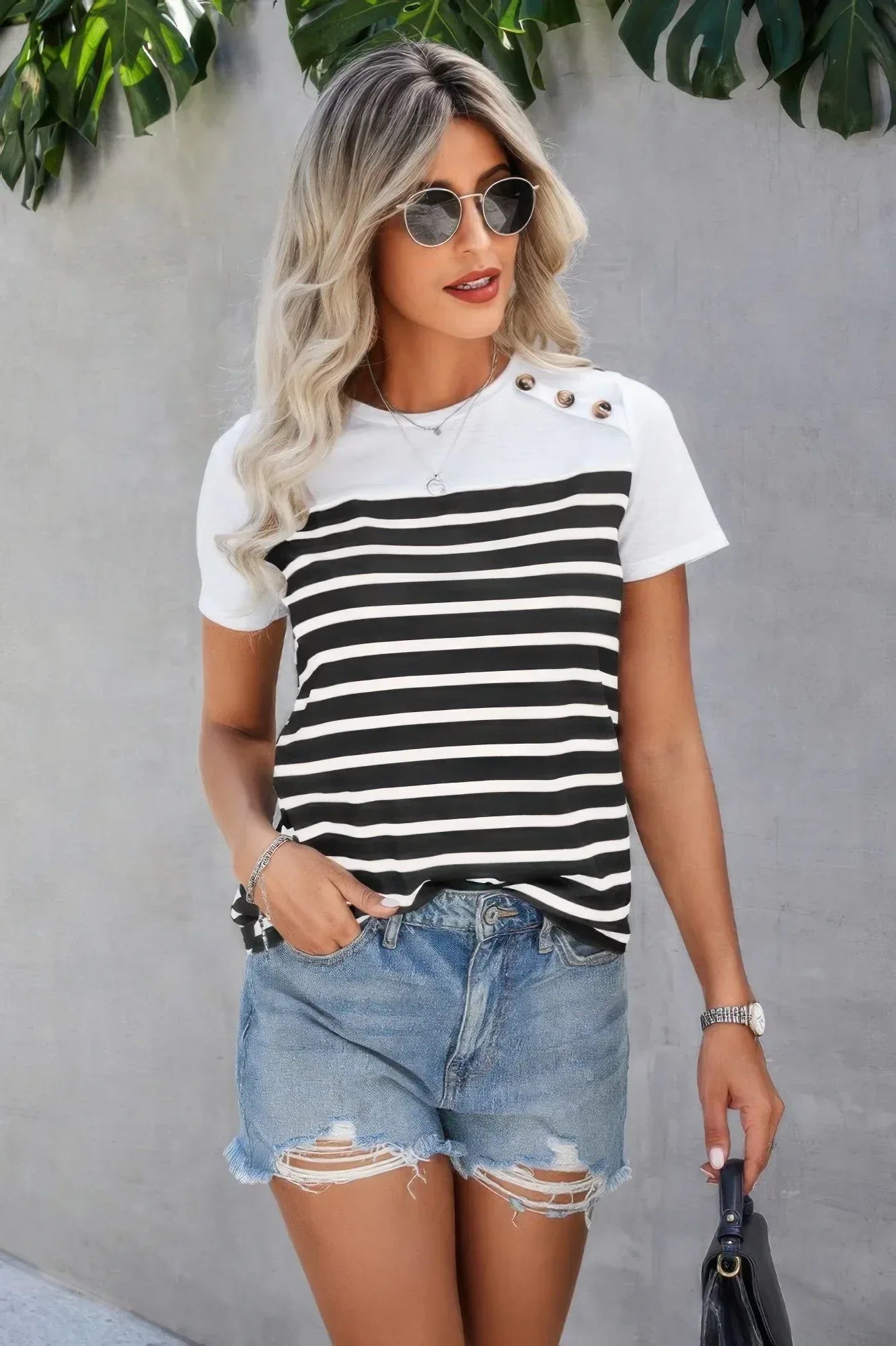 Strip Round Neck Loose Fit Button Tee | Mixtshop LLC Main image