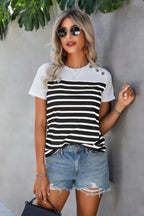 Strip Round Neck Loose Fit Button Tee | Mixtshop LLC