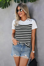 Strip Round Neck Loose Fit Button Tee | Mixtshop LLC