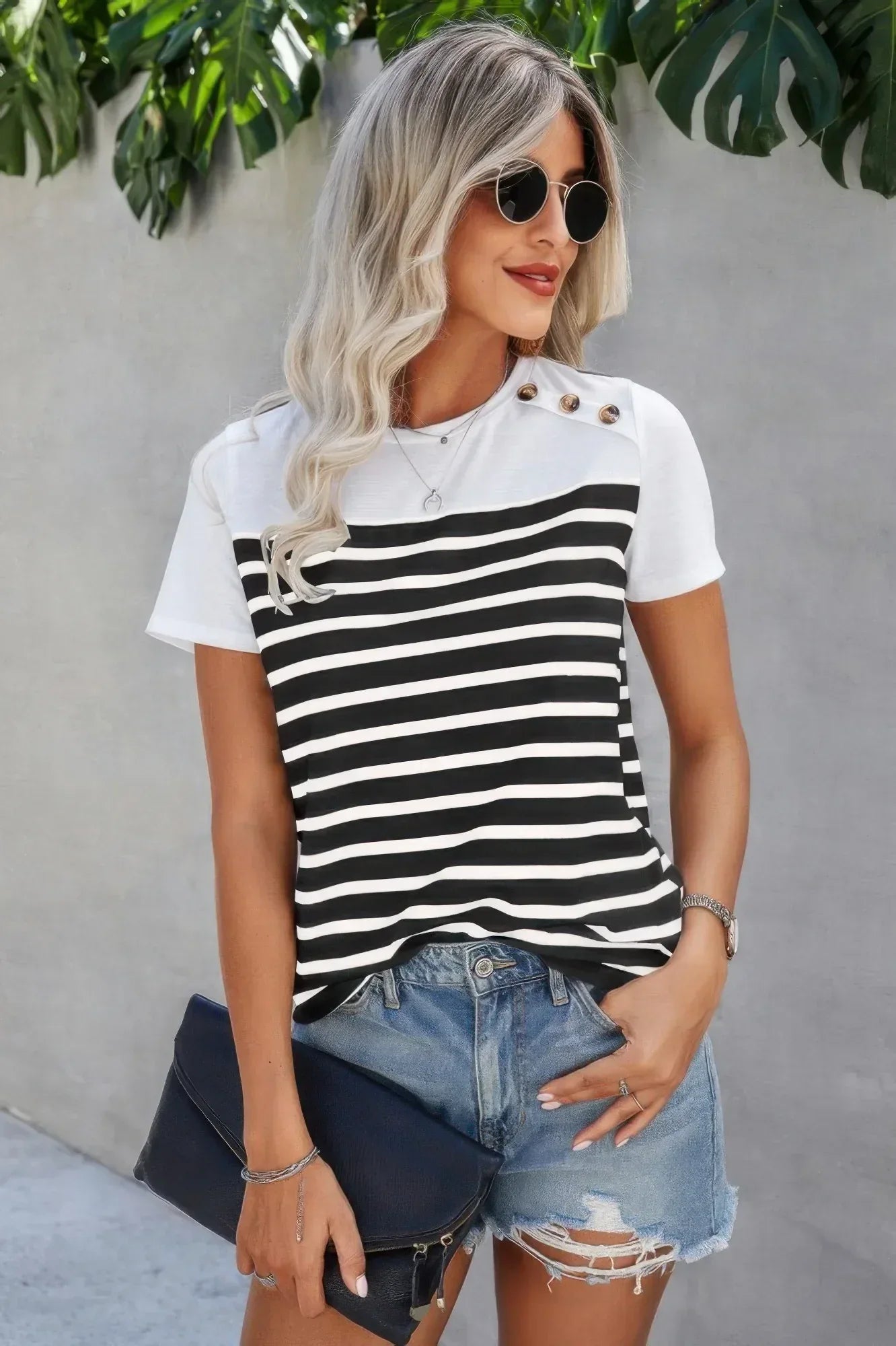 Strip Round Neck Loose Fit Button Tee | Mixtshop LLC