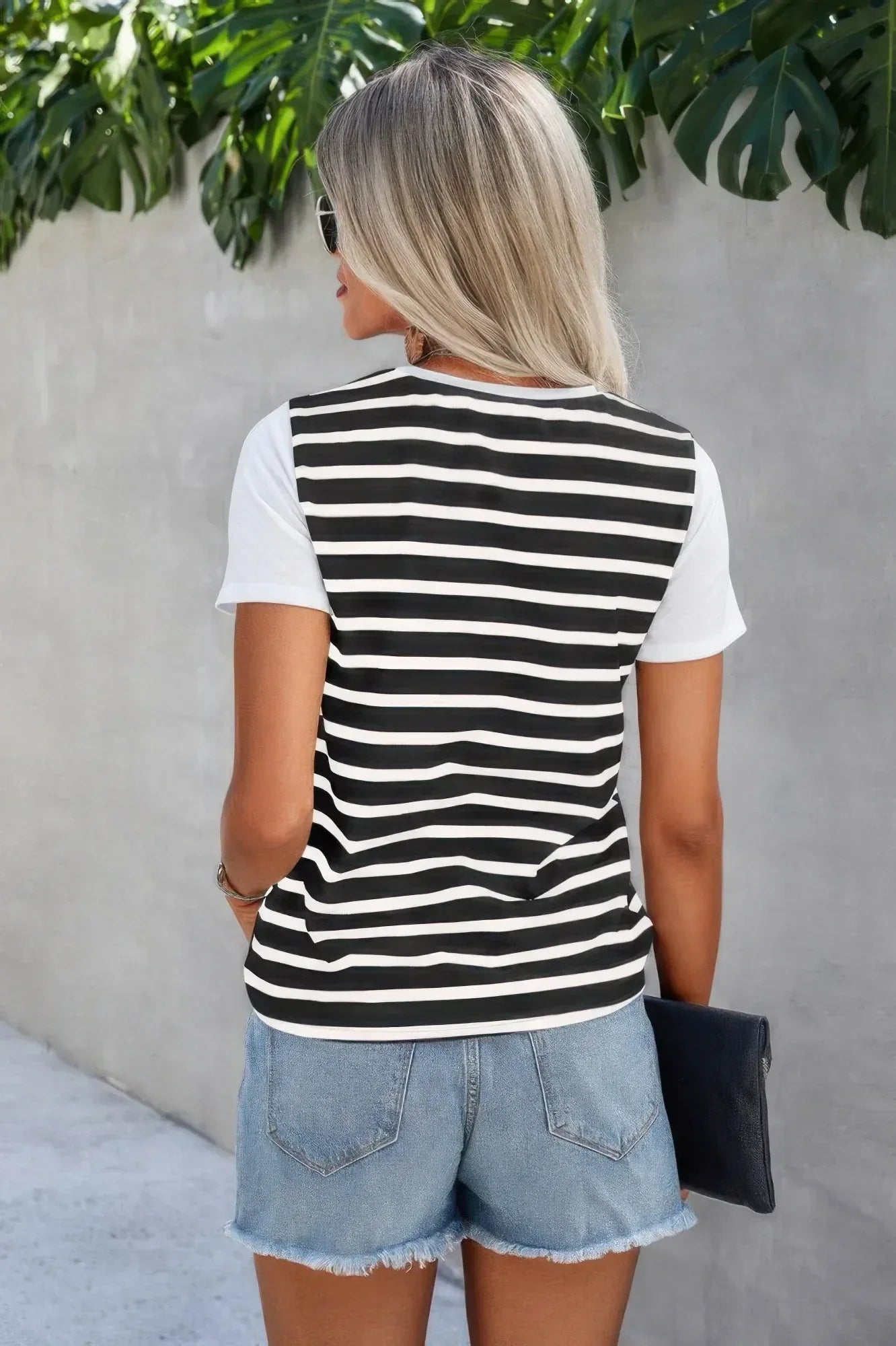 Strip Round Neck Loose Fit Button Tee | Mixtshop LLC