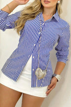 Plus Strip Button Up Fit Front Open Blouse | Mixtshop LLC