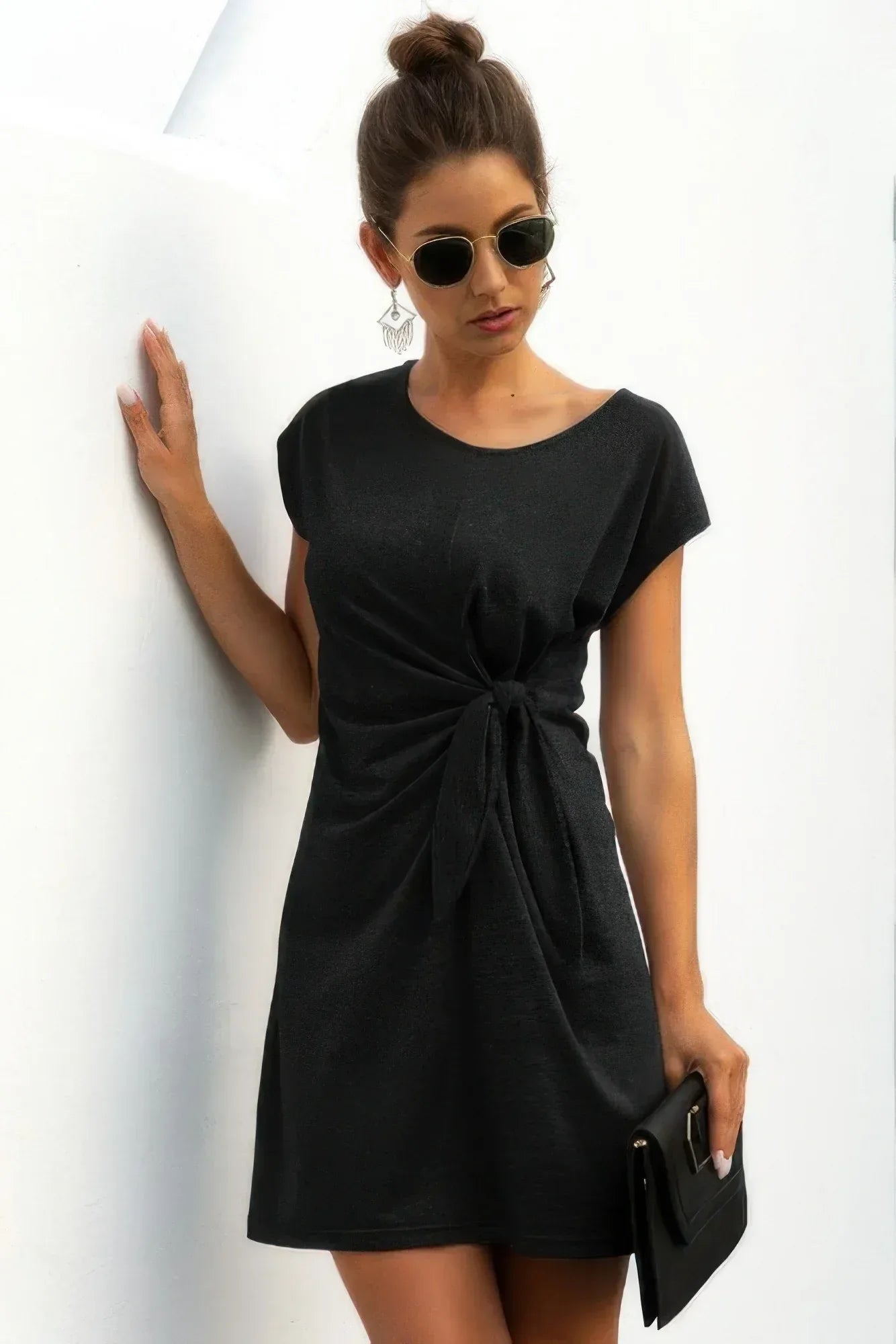 Solid Twist Knot Front Short Sleeve Tee Fit Dress | Mixtshop LLC