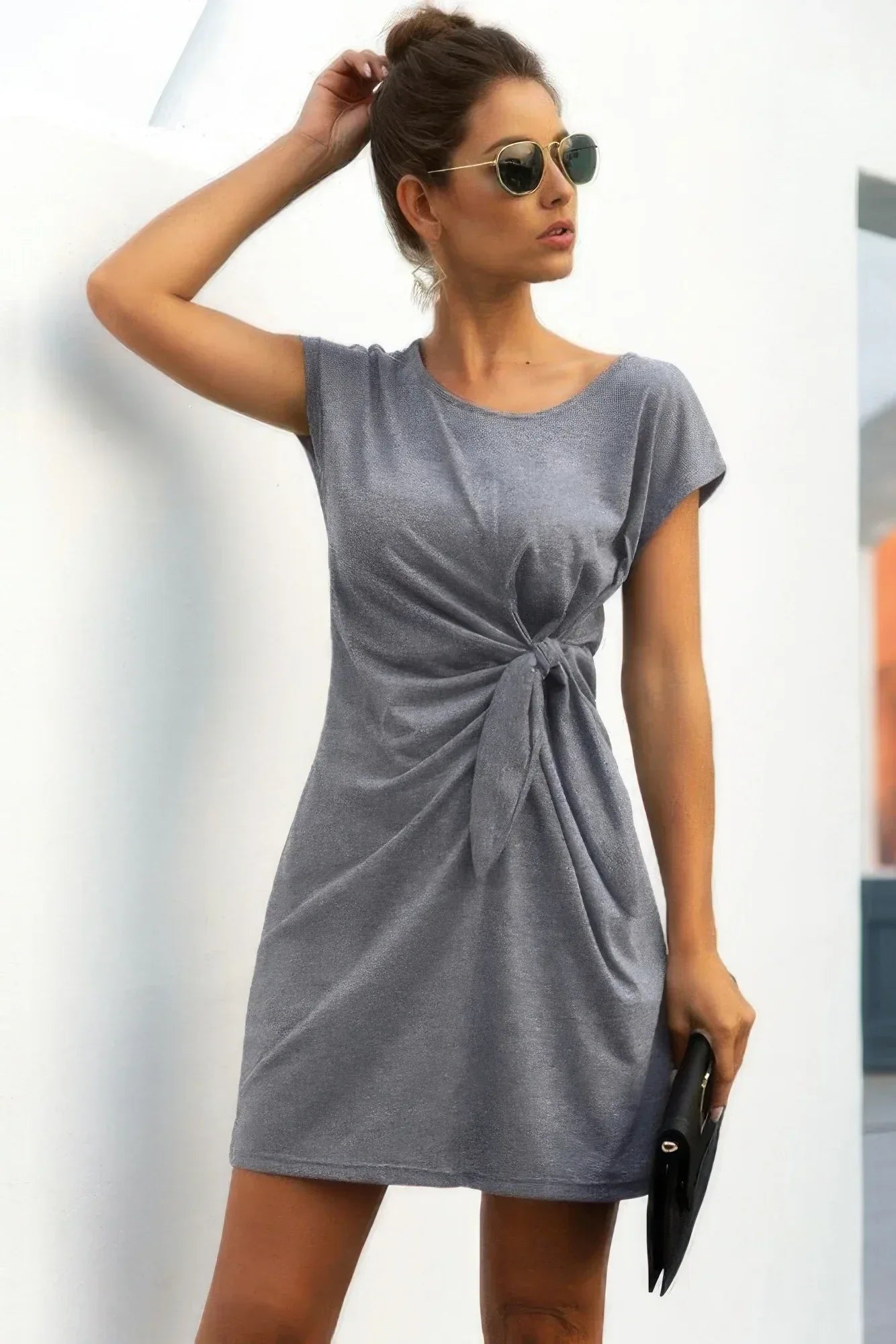 Solid Twist Knot Front Short Sleeve Tee Fit Dress | Mixtshop LLC