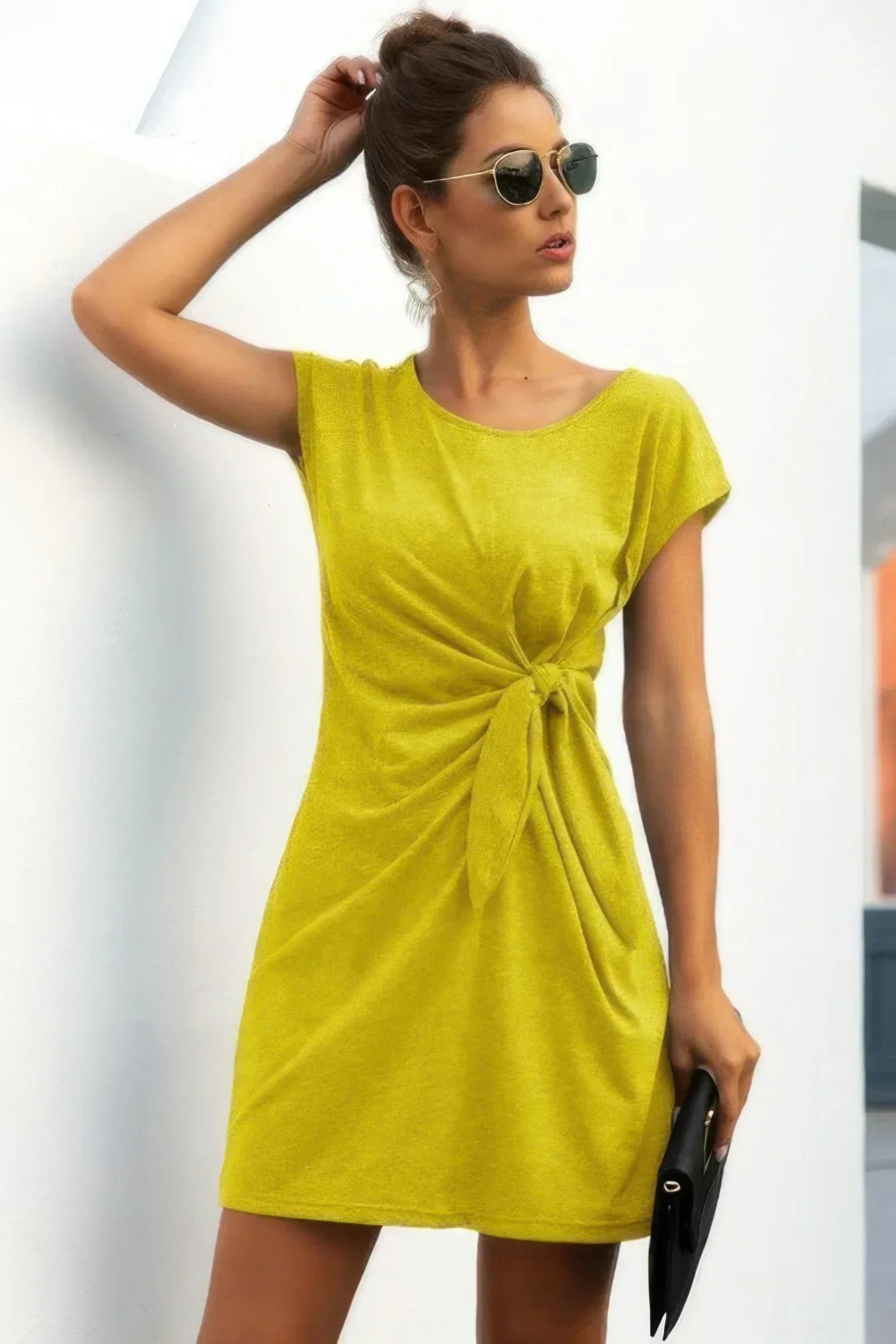 Solid Twist Knot Front Short Sleeve Tee Fit Dress | Mixtshop LLC