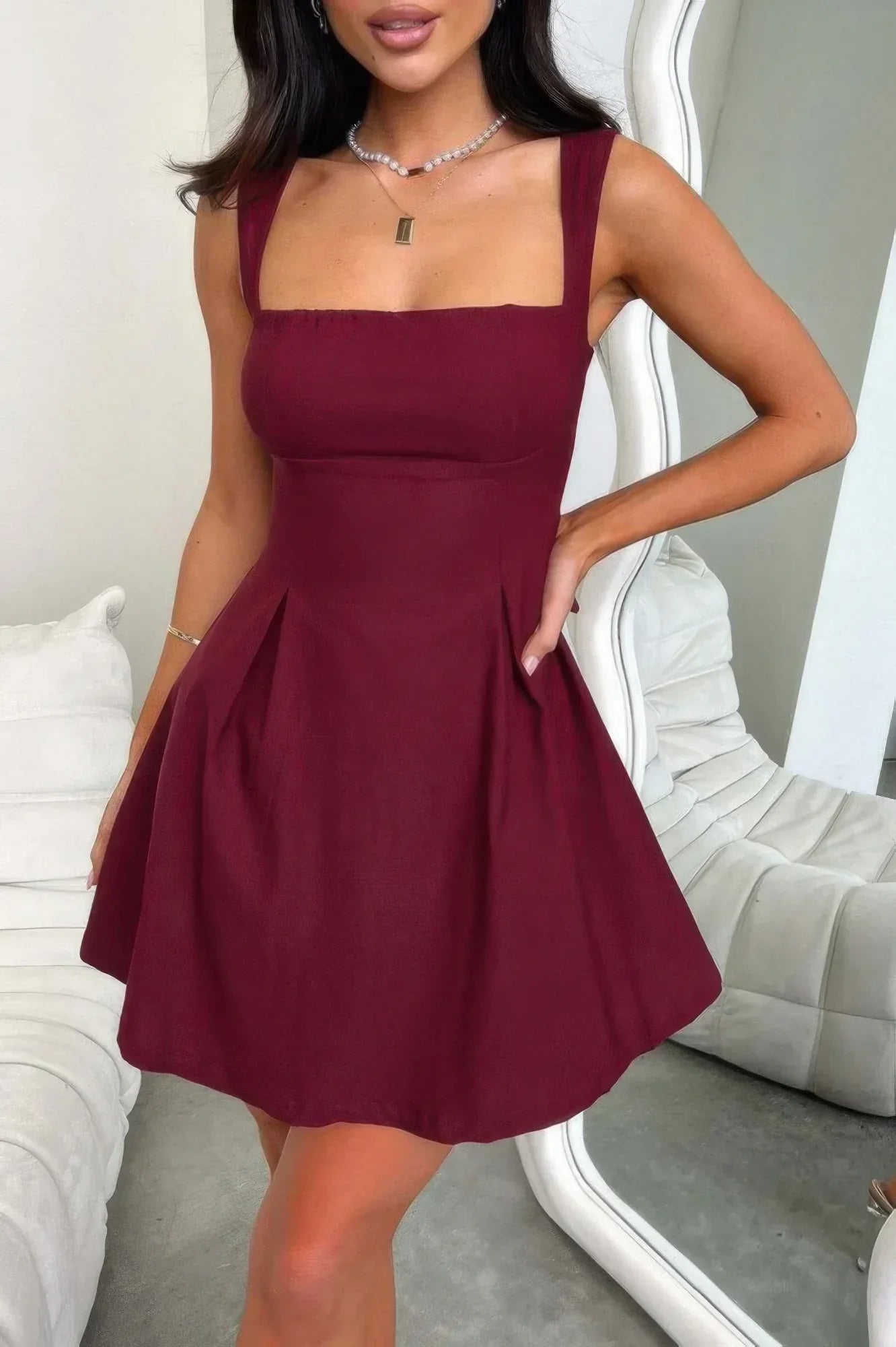 Solid Sleeveless Fit Wide Strap A Line Dress | Mixtshop LLC
