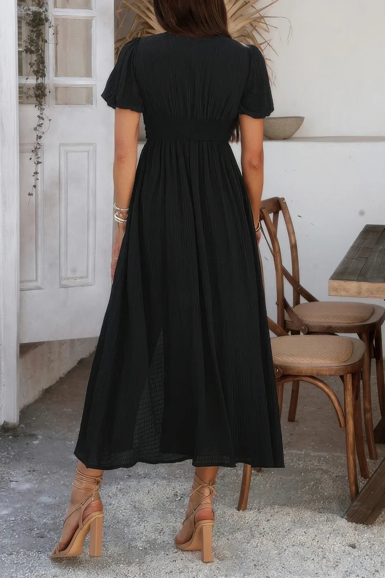 Solid V Neck Puff Sleeves Solid Knot Detail Dress | Mixtshop LLC