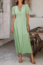 Solid V Neck Puff Sleeves Solid Knot Detail Dress | Mixtshop LLC