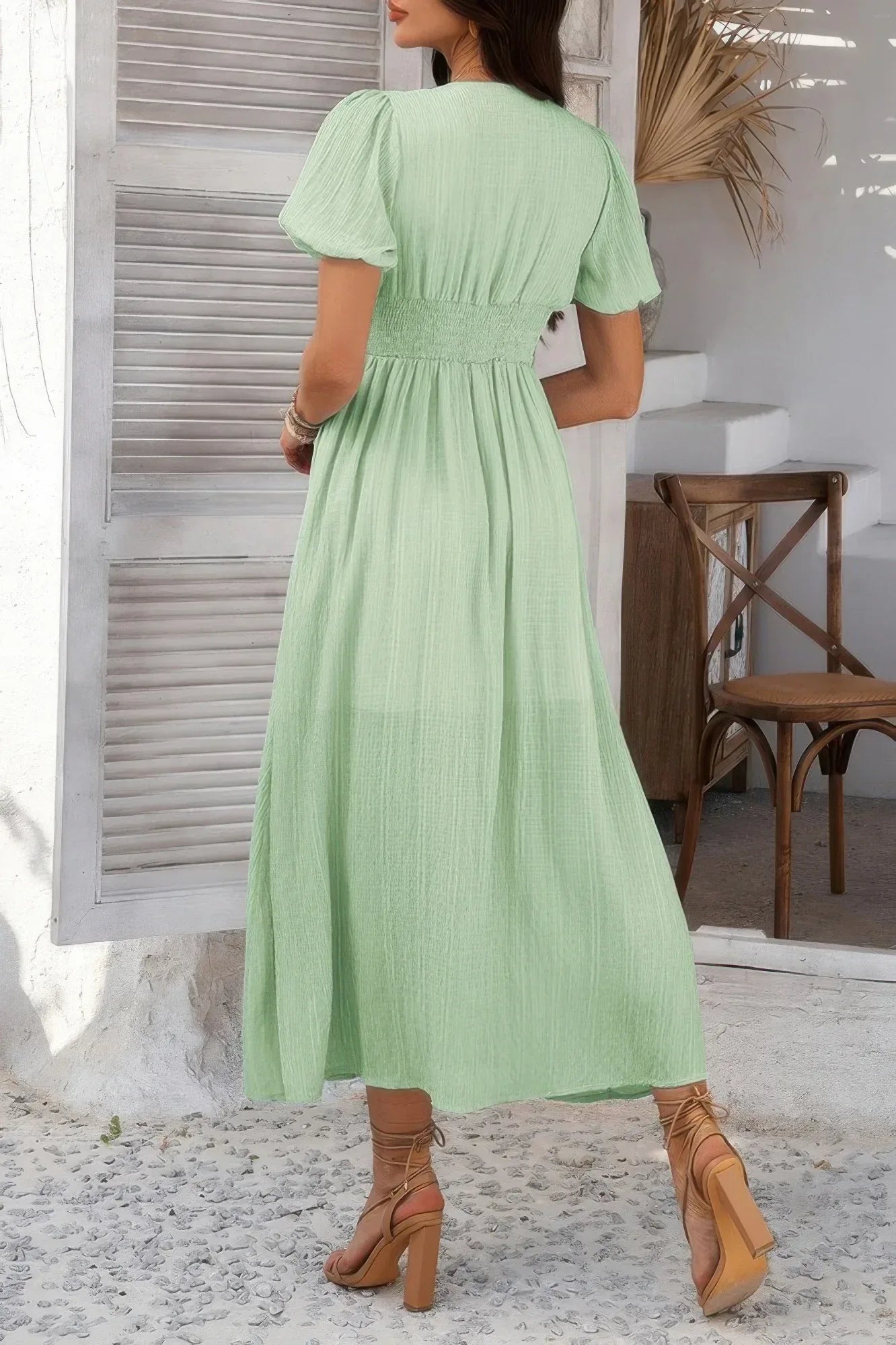 Solid V Neck Puff Sleeves Solid Knot Detail Dress | Mixtshop LLC