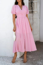 Solid V Neck Puff Sleeves Solid Knot Detail Dress | Mixtshop LLC