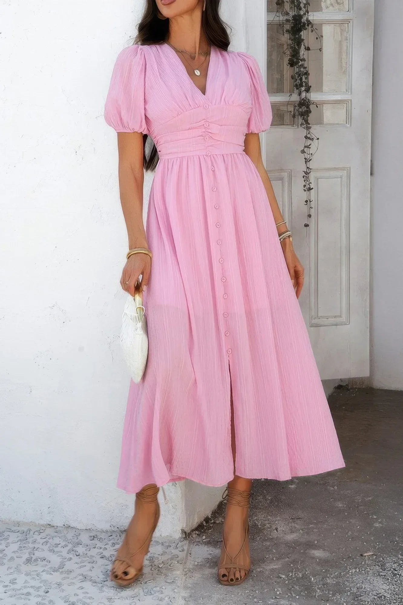 Solid V Neck Puff Sleeves Solid Knot Detail Dress | Mixtshop LLC