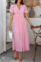 Solid V Neck Puff Sleeves Solid Knot Detail Dress | Mixtshop LLC