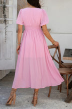 Solid V Neck Puff Sleeves Solid Knot Detail Dress | Mixtshop LLC