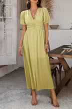 Solid V Neck Puff Sleeves Solid Knot Detail Dress | Mixtshop LLC