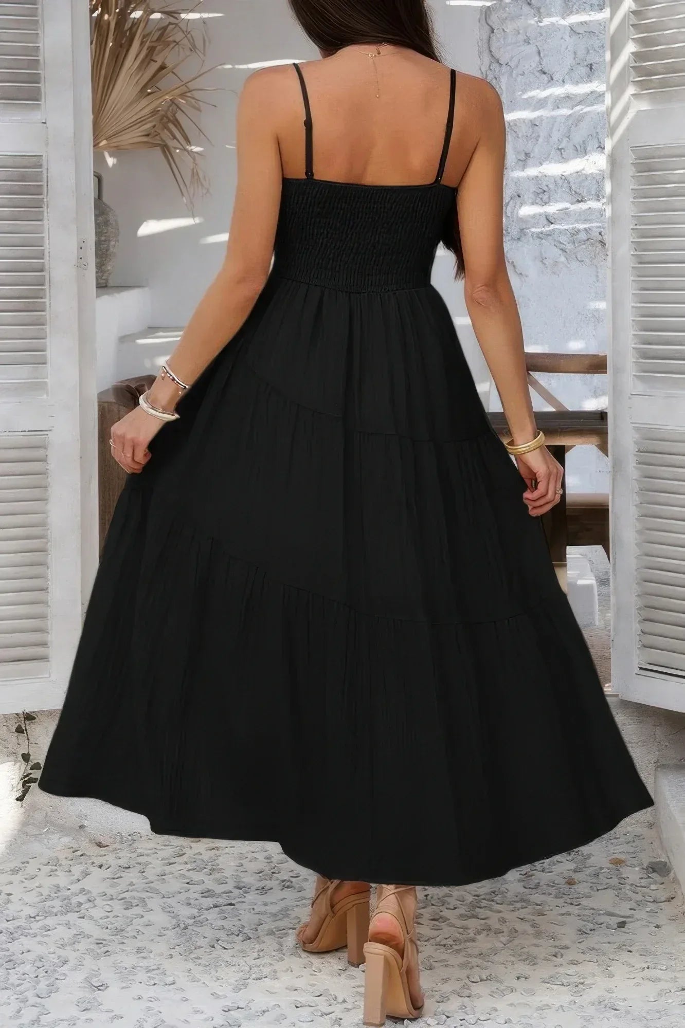 Solid Sleeveless Smocked Tiered Maxi Cami Dress | Mixtshop LLC