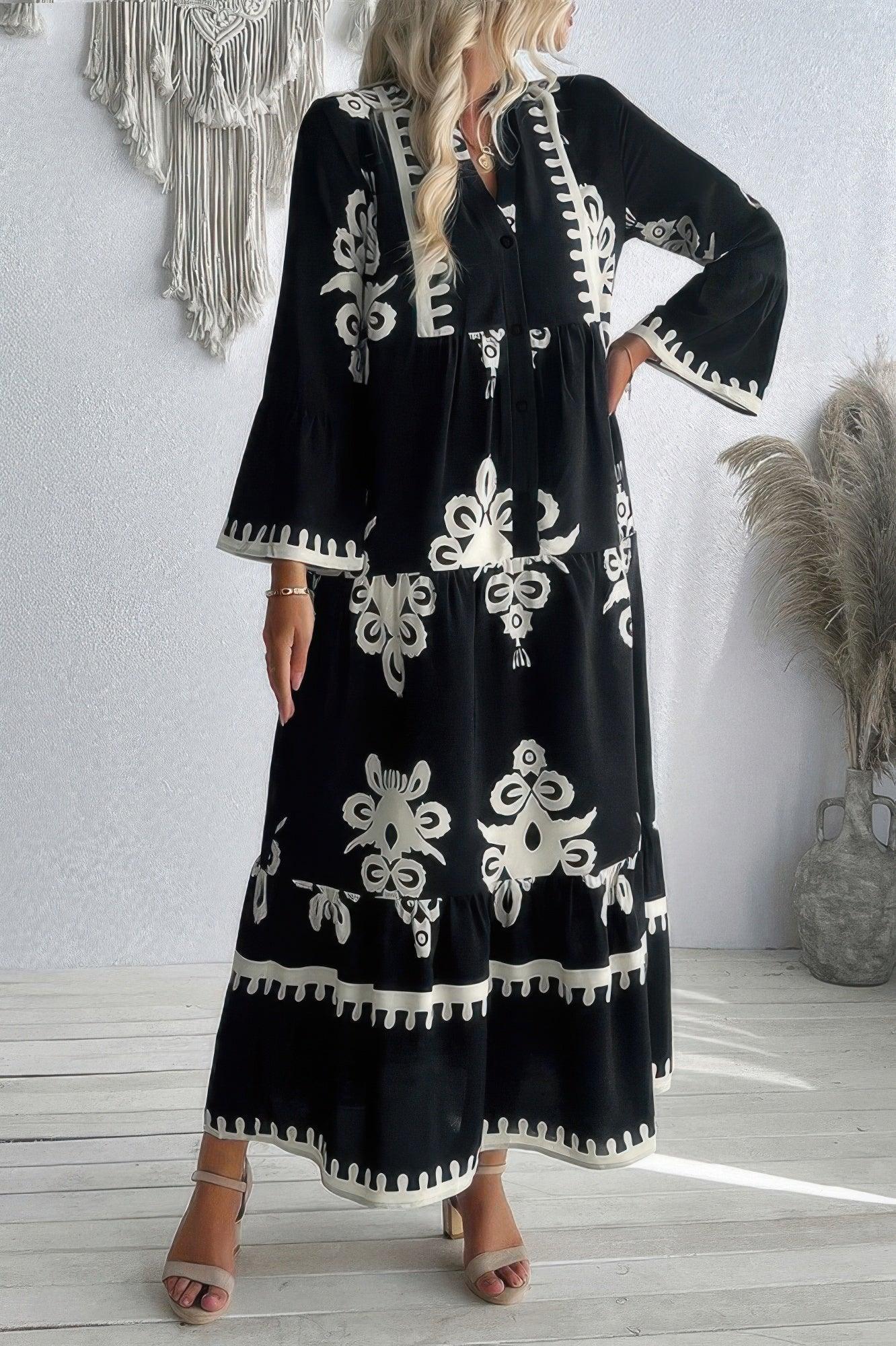 V Neck Stand Collar Button Floral Splicing Dress | Mixtshop LLC Main image