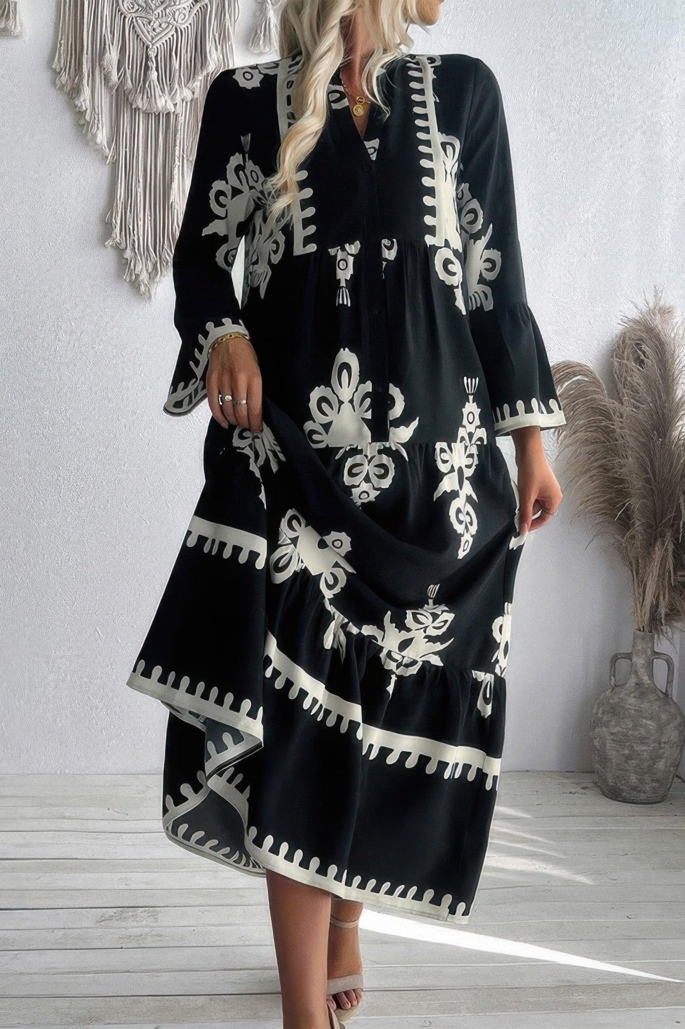 V Neck Stand Collar Button Floral Splicing Dress | Mixtshop LLC