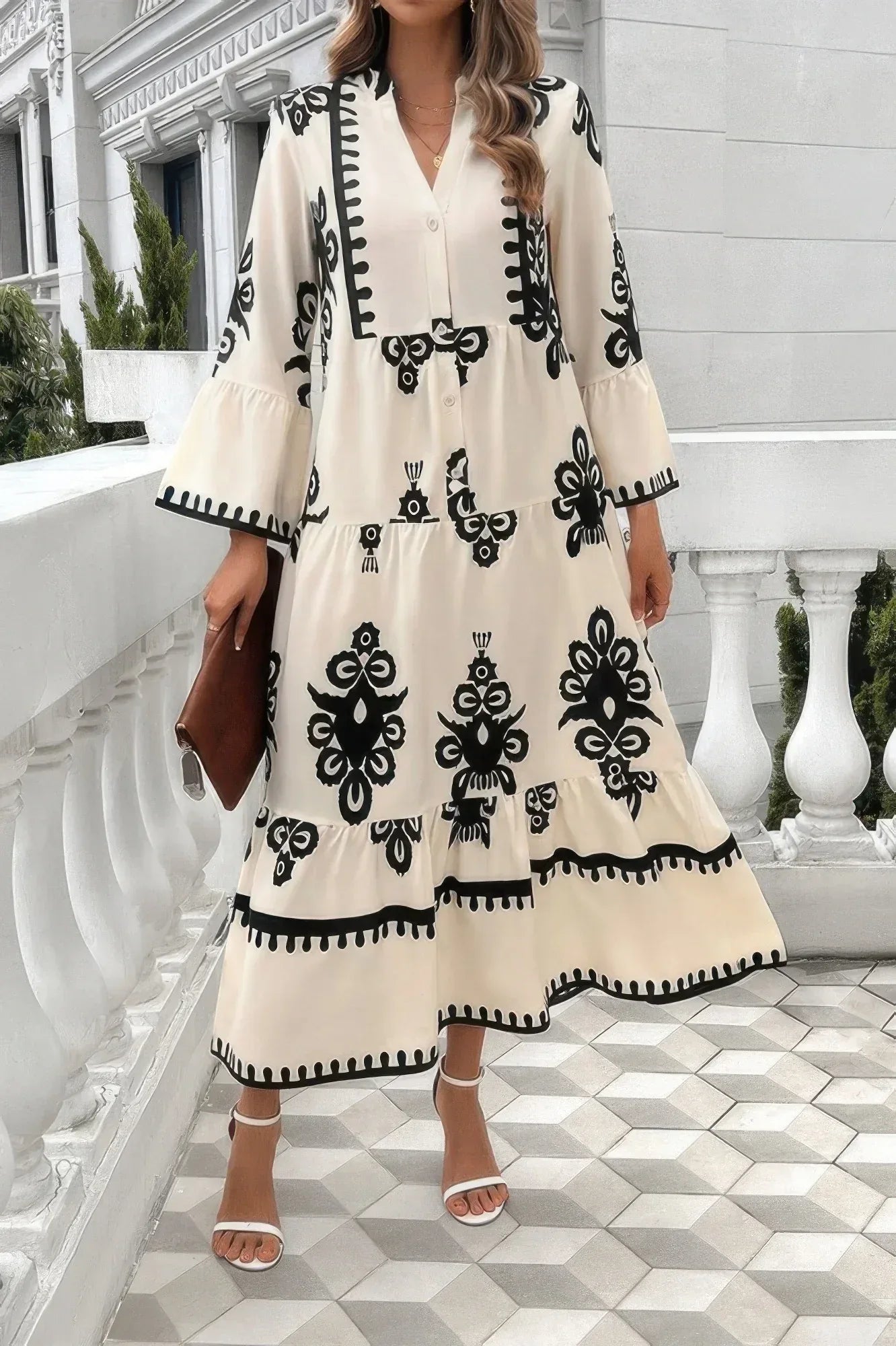 V Neck Stand Collar Button Floral Splicing Dress | Mixtshop LLC