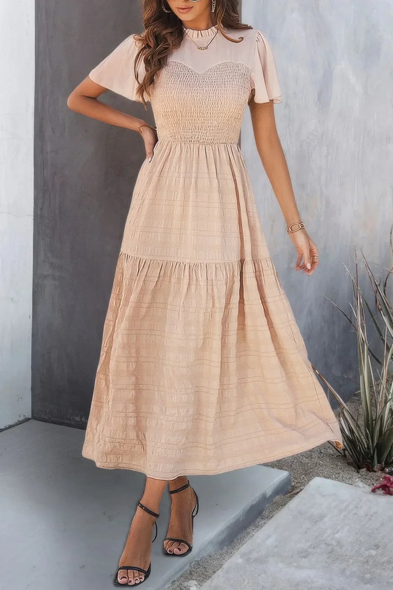Ruffle Sleeve And Hem Top Shirred Crew Neck Dress | Mixtshop LLC Main image
