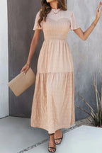 Ruffle Sleeve And Hem Top Shirred Crew Neck Dress | Mixtshop LLC