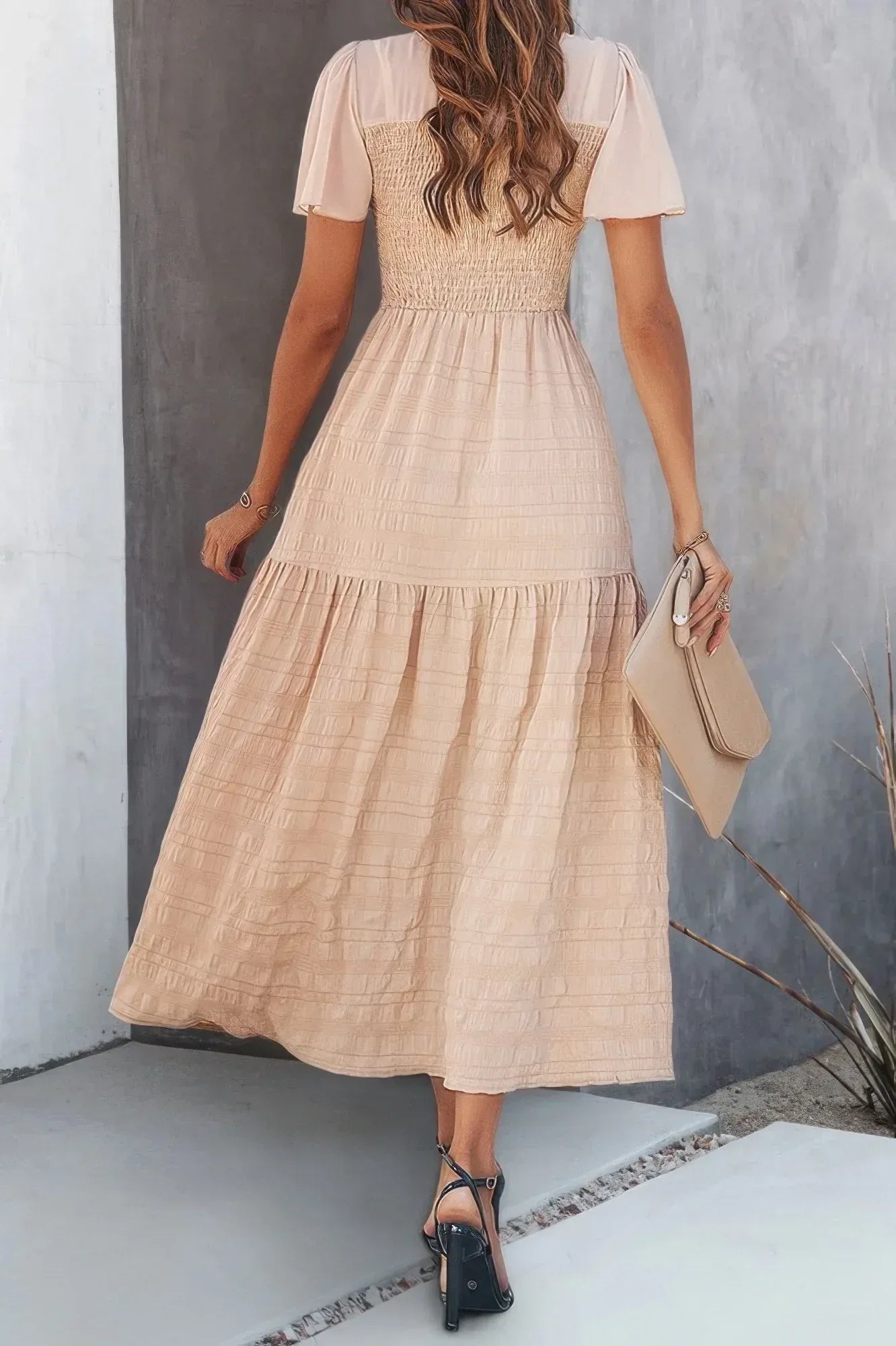 Ruffle Sleeve And Hem Top Shirred Crew Neck Dress | Mixtshop LLC