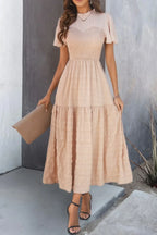 Ruffle Sleeve And Hem Top Shirred Crew Neck Dress | Mixtshop LLC