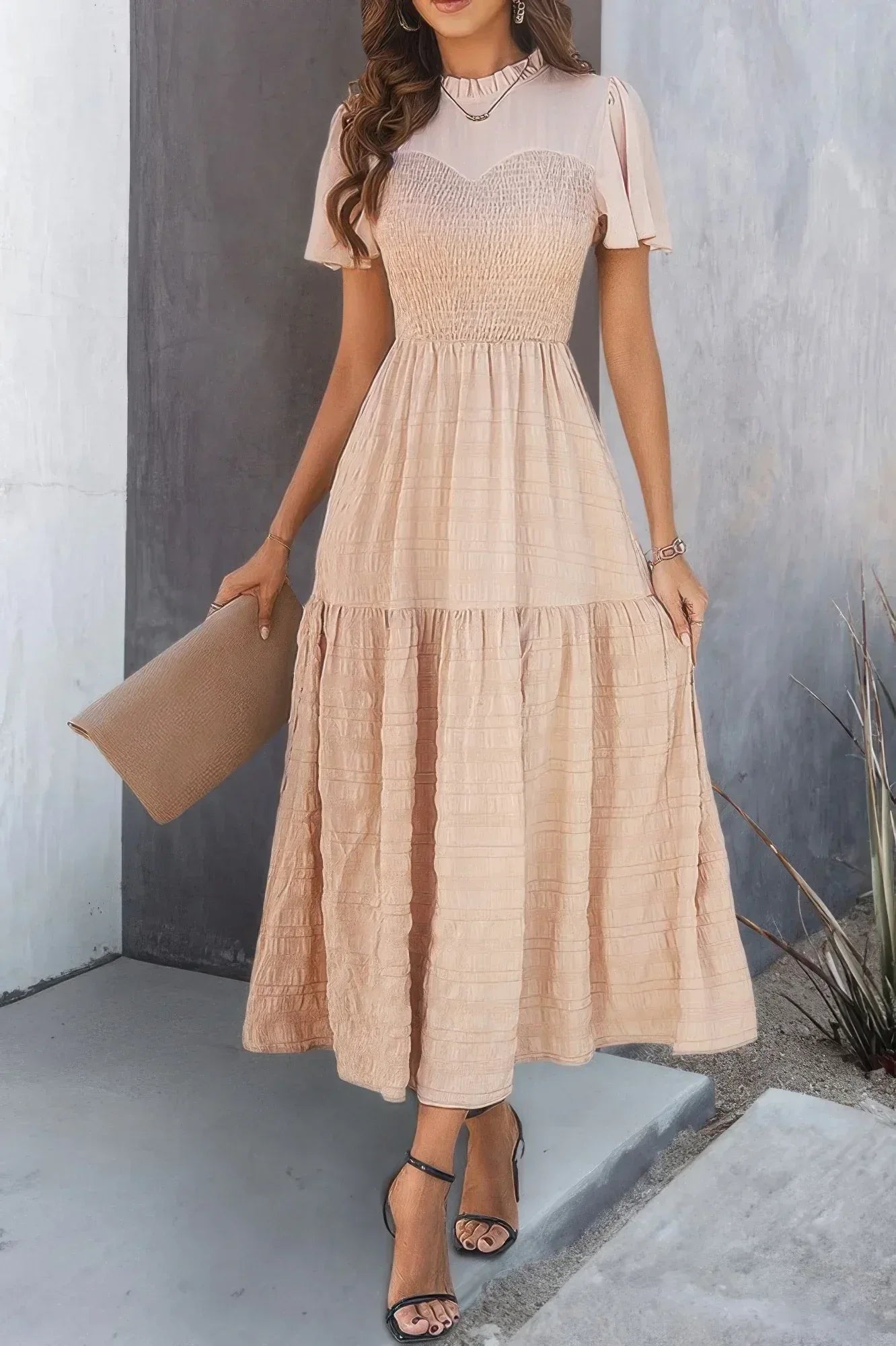 Ruffle Sleeve And Hem Top Shirred Crew Neck Dress | Mixtshop LLC