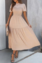 Ruffle Sleeve And Hem Top Shirred Crew Neck Dress | Mixtshop LLC