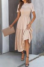 Ruffle Sleeve And Hem Top Shirred Crew Neck Dress | Mixtshop LLC