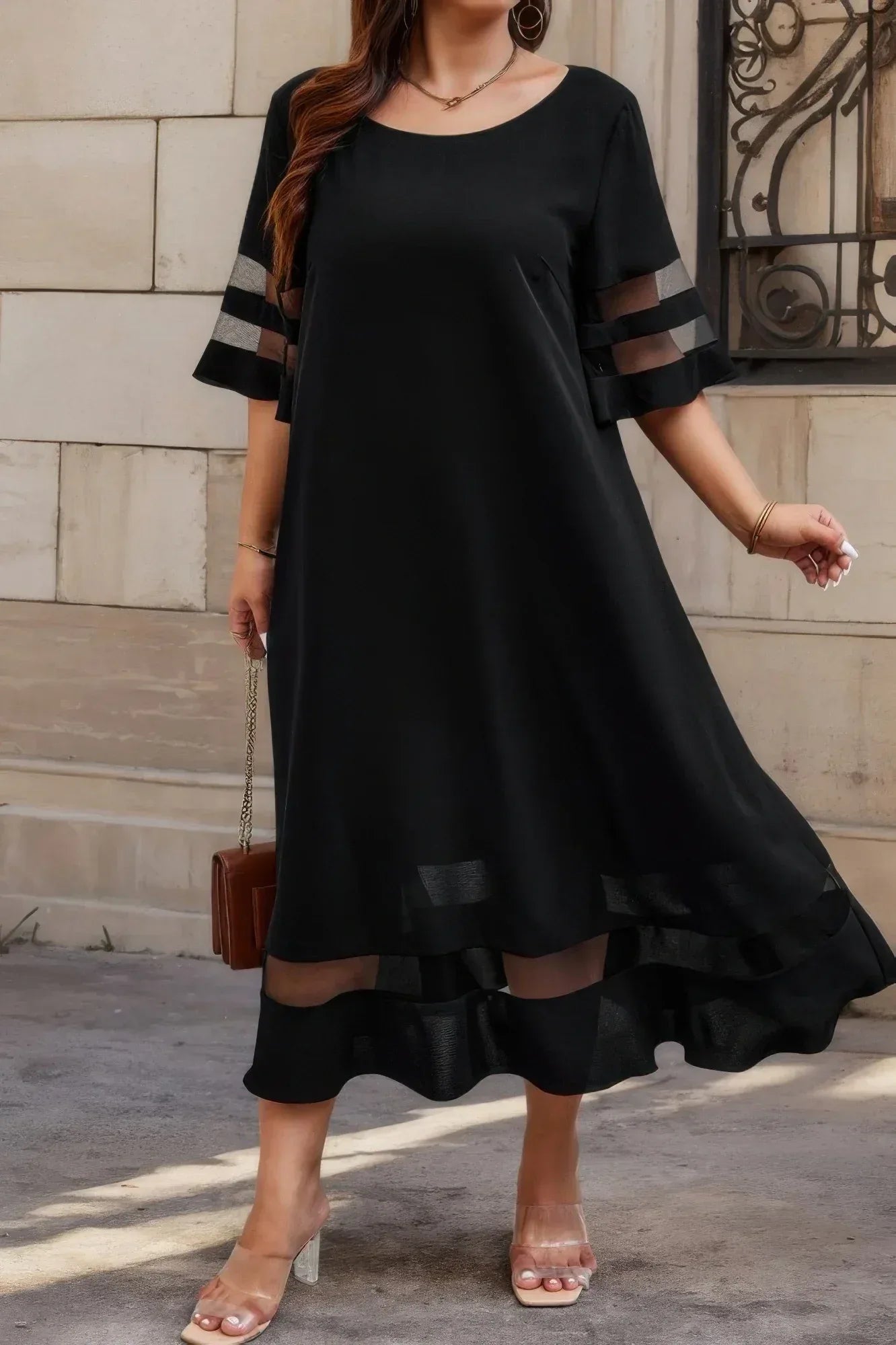 Plus Size Mesh Splicing Round Neck Long Dress | Mixtshop LLC Main image