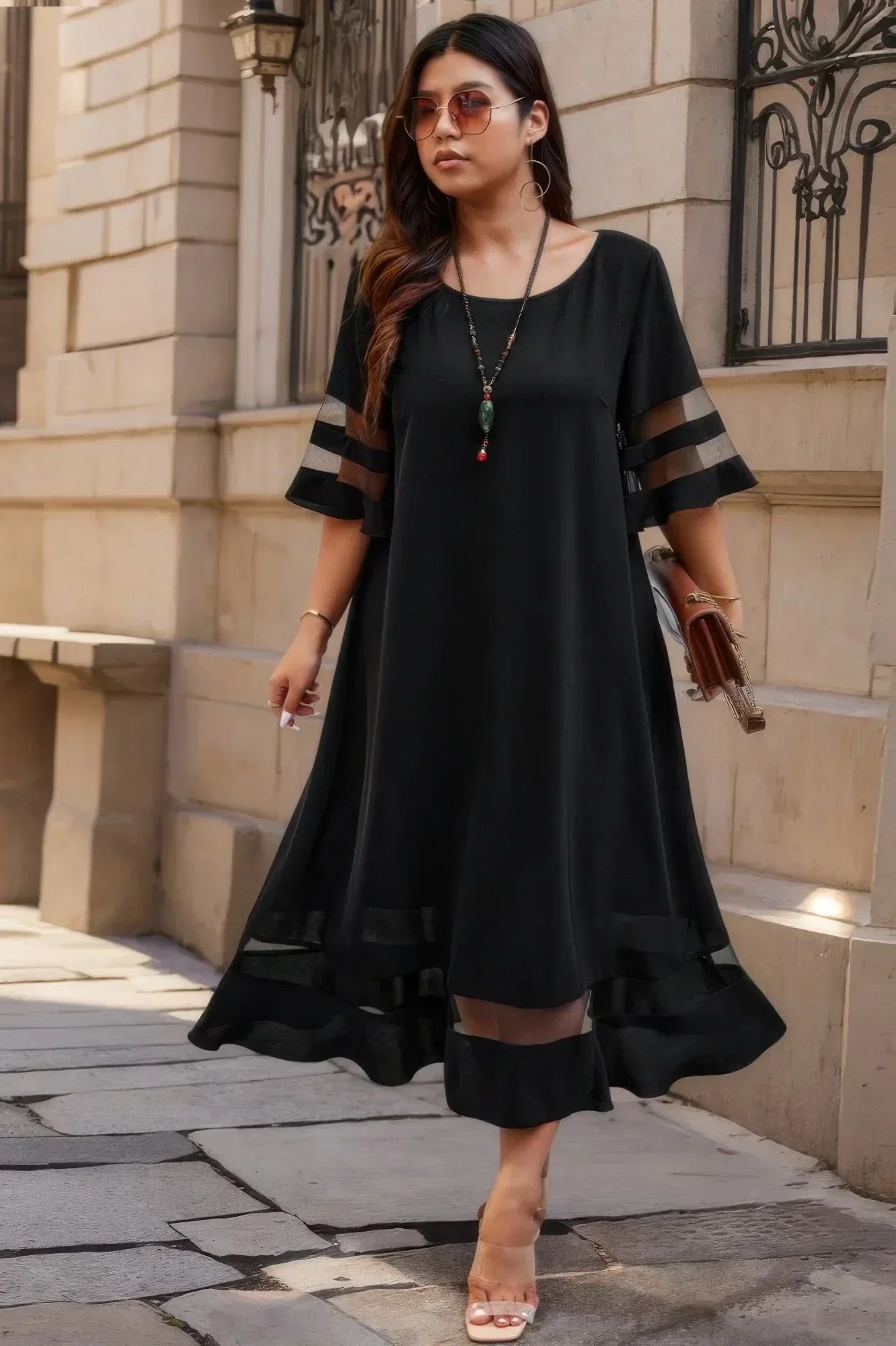 Plus Size Mesh Splicing Round Neck Long Dress | Mixtshop LLC