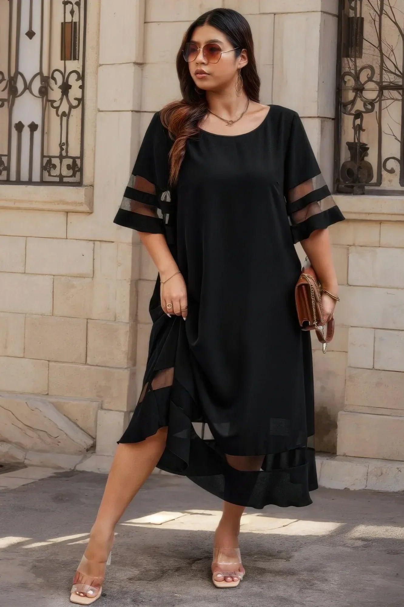 Plus Size Mesh Splicing Round Neck Long Dress | Mixtshop LLC