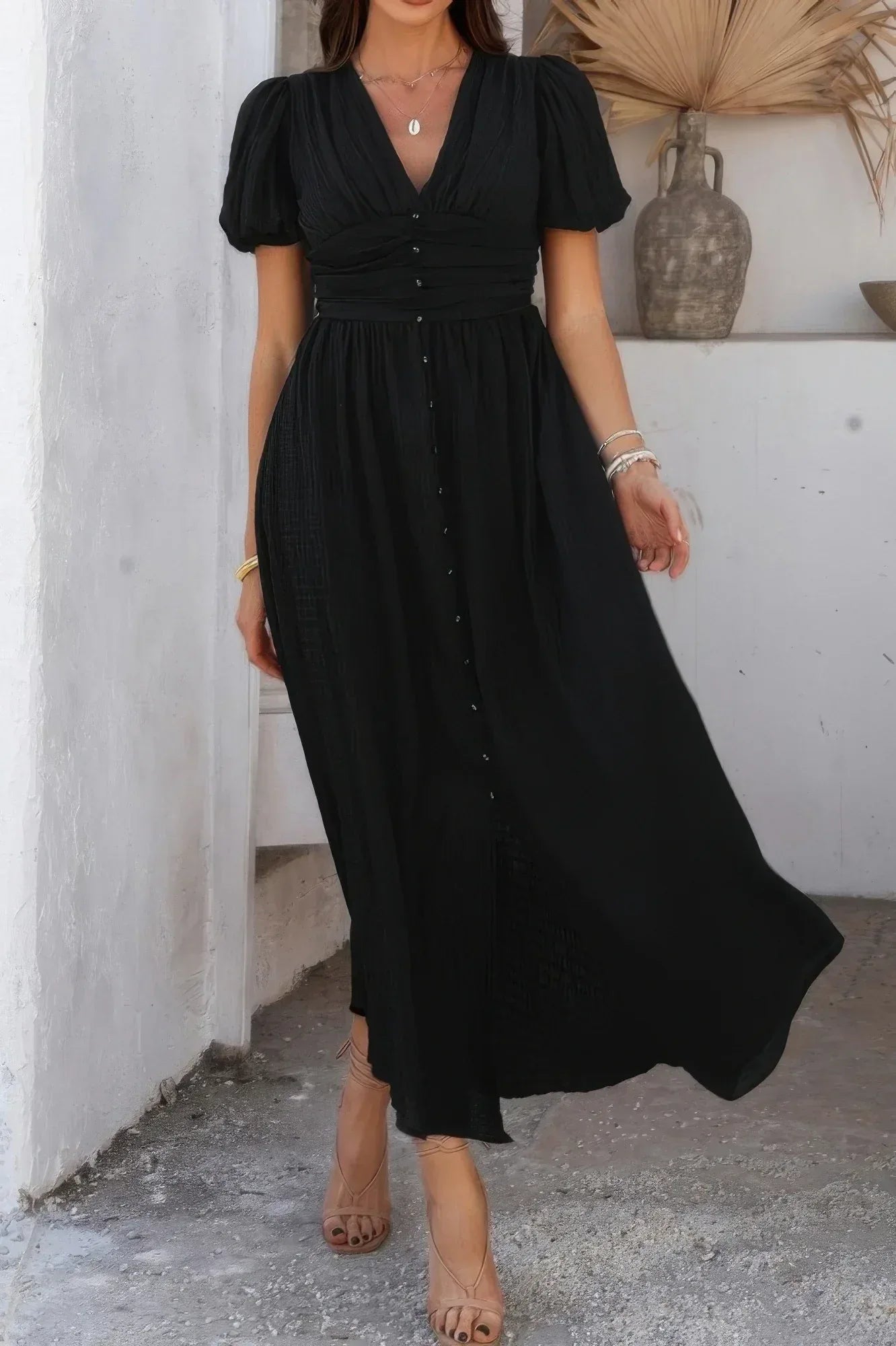 Solid V Neck Puff Sleeves Solid Knot Detail Dress | Mixtshop LLC Main image