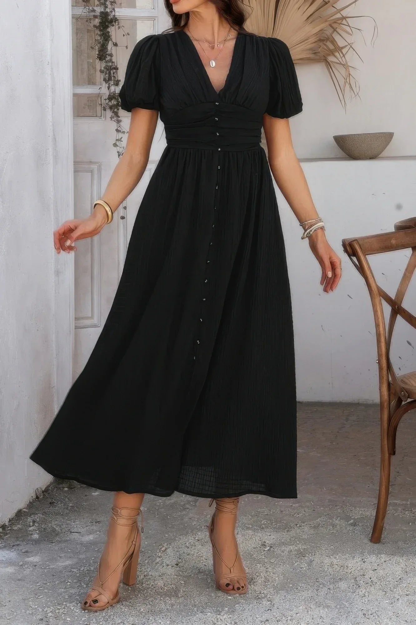 Solid V Neck Puff Sleeves Solid Knot Detail Dress Secondary image