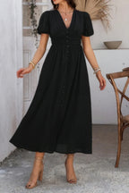 Solid V Neck Puff Sleeves Solid Knot Detail Dress | Mixtshop LLC