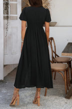 Solid V Neck Puff Sleeves Solid Knot Detail Dress | Mixtshop LLC