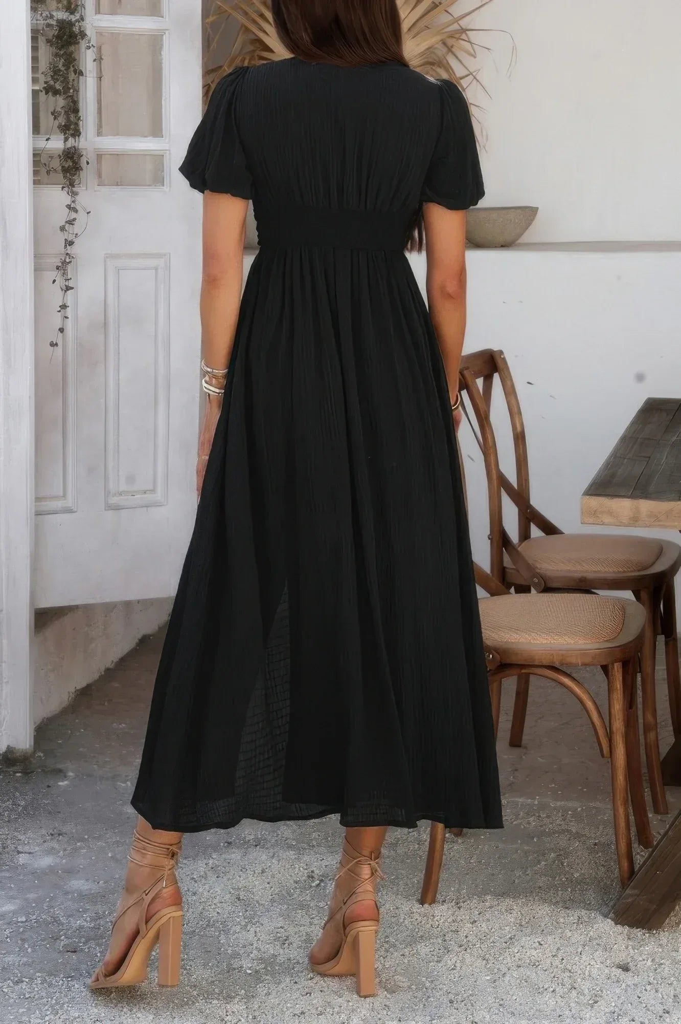 Solid V Neck Puff Sleeves Solid Knot Detail Dress | Mixtshop LLC