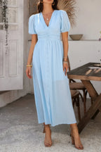 Solid V Neck Puff Sleeves Solid Knot Detail Dress | Mixtshop LLC