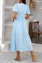Solid V Neck Puff Sleeves Solid Knot Detail Dress | Mixtshop LLC