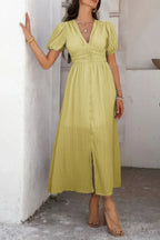 Solid V Neck Puff Sleeves Solid Knot Detail Dress | Mixtshop LLC