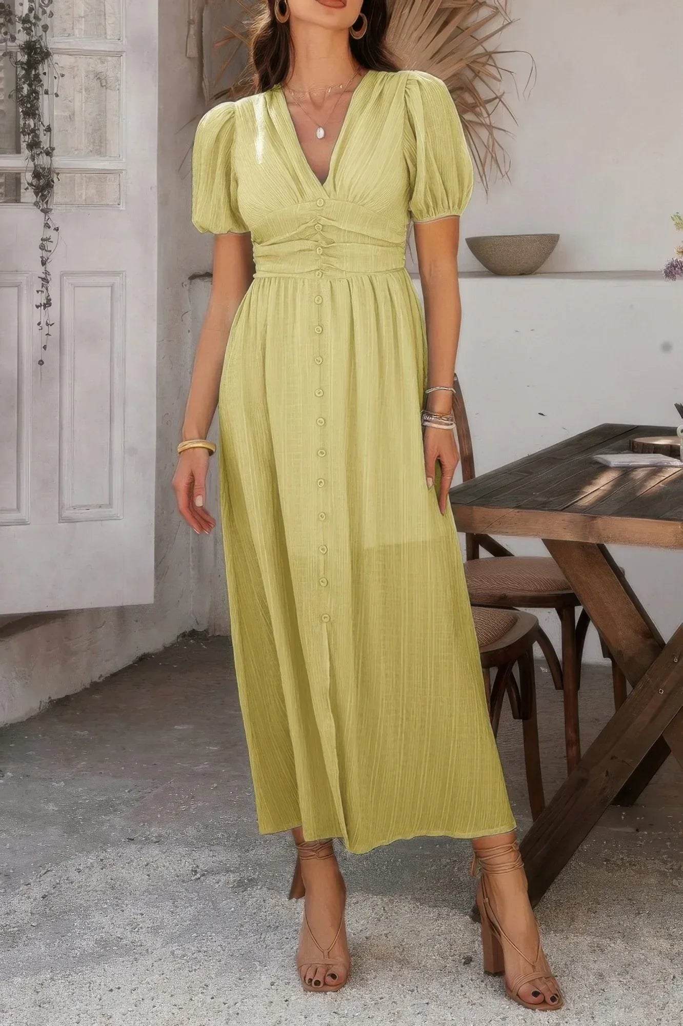 Solid V Neck Puff Sleeves Solid Knot Detail Dress | Mixtshop LLC