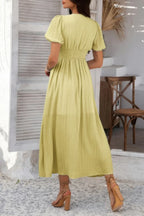 Solid V Neck Puff Sleeves Solid Knot Detail Dress | Mixtshop LLC