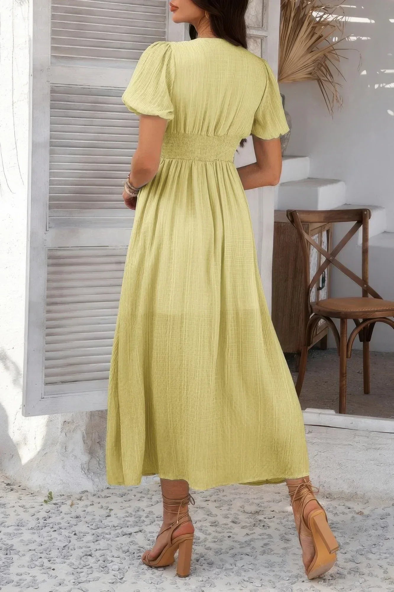 Solid V Neck Puff Sleeves Solid Knot Detail Dress | Mixtshop LLC