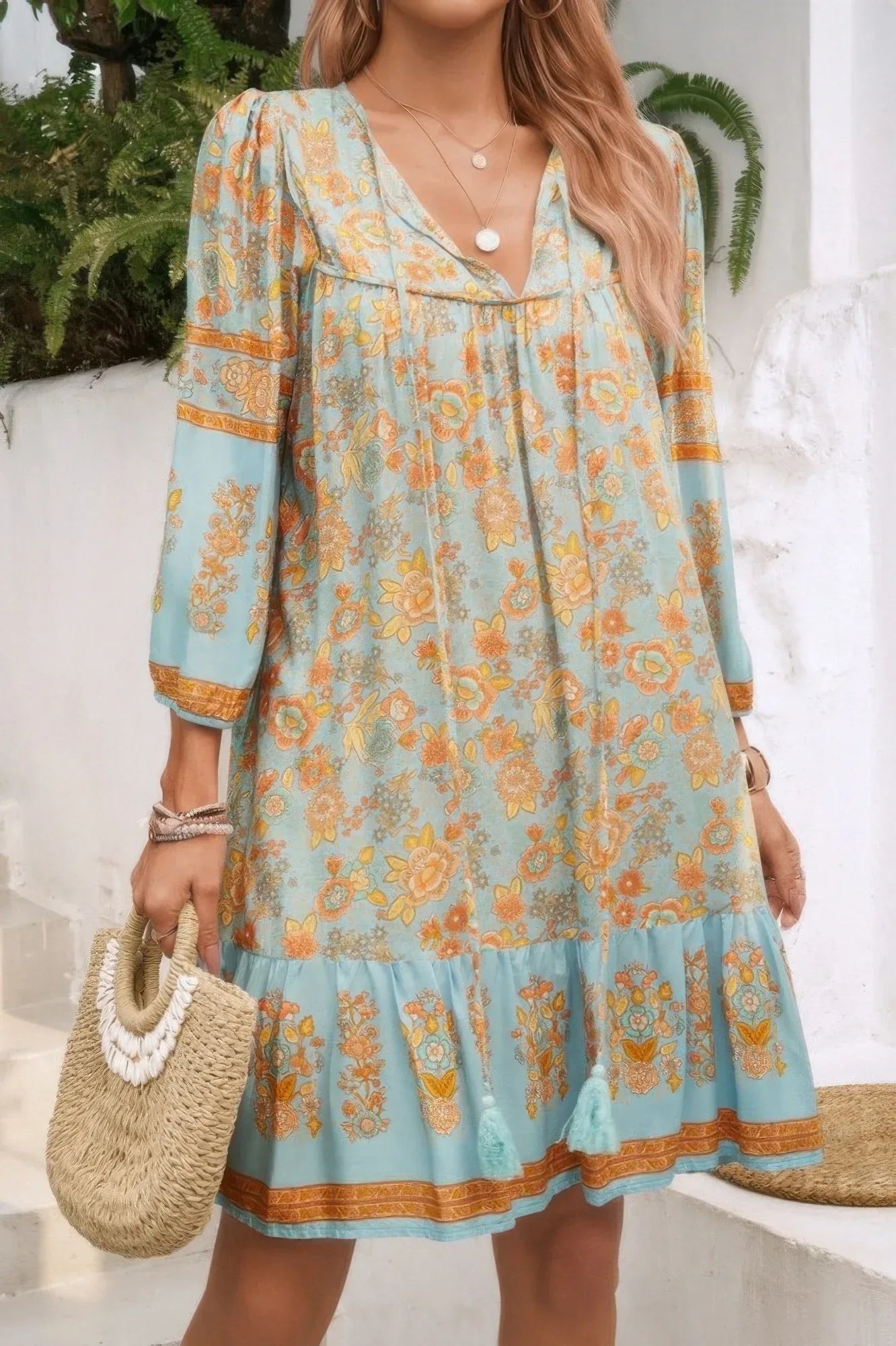 Ruched Bohe Print V Neck Ruffle Hem Tassel Dress | Mixtshop LLC Main image
