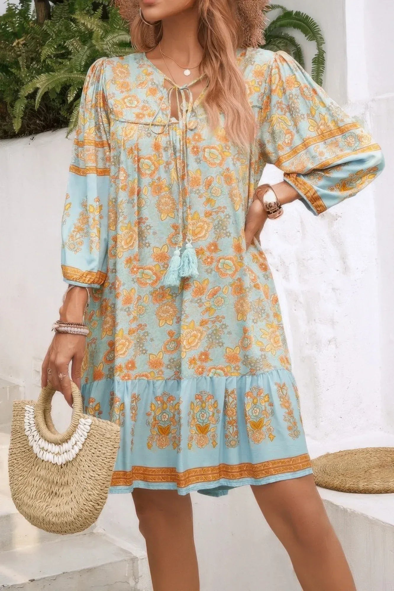 Ruched Bohe Print V Neck Ruffle Hem Tassel Dress | Mixtshop LLC