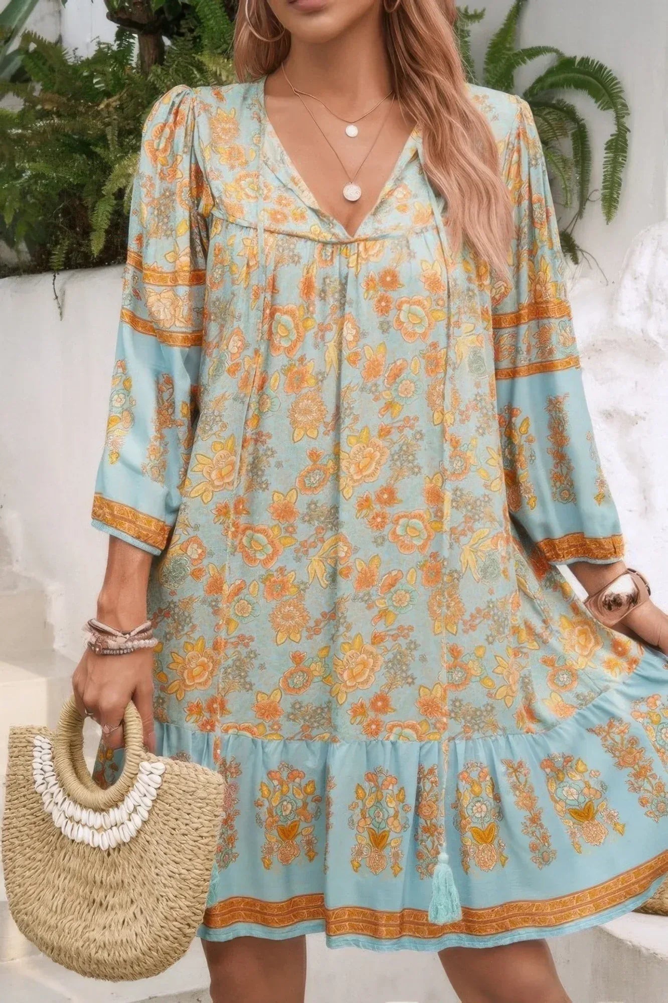 Ruched Bohe Print V Neck Ruffle Hem Tassel Dress | Mixtshop LLC